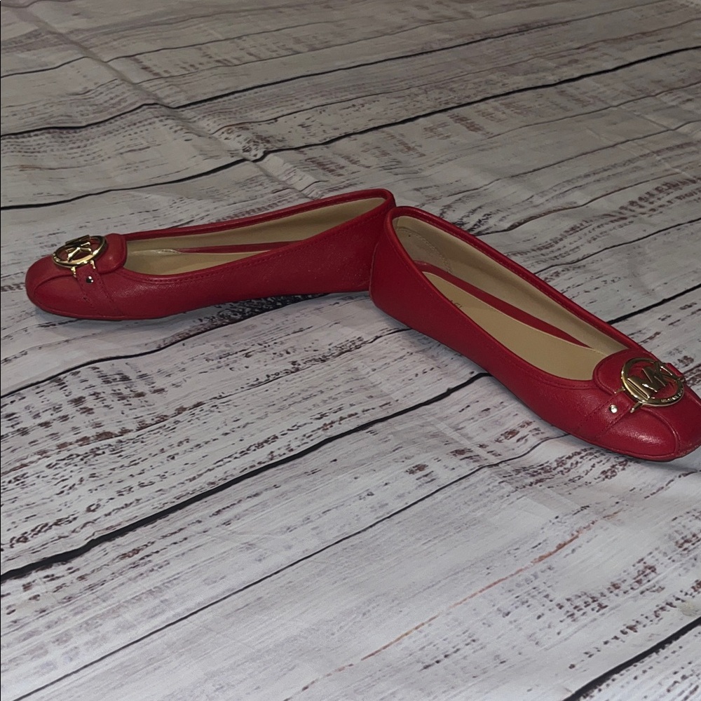 Michael Kors Red Leather Flats with Gold Logo - Picture 6 of 6